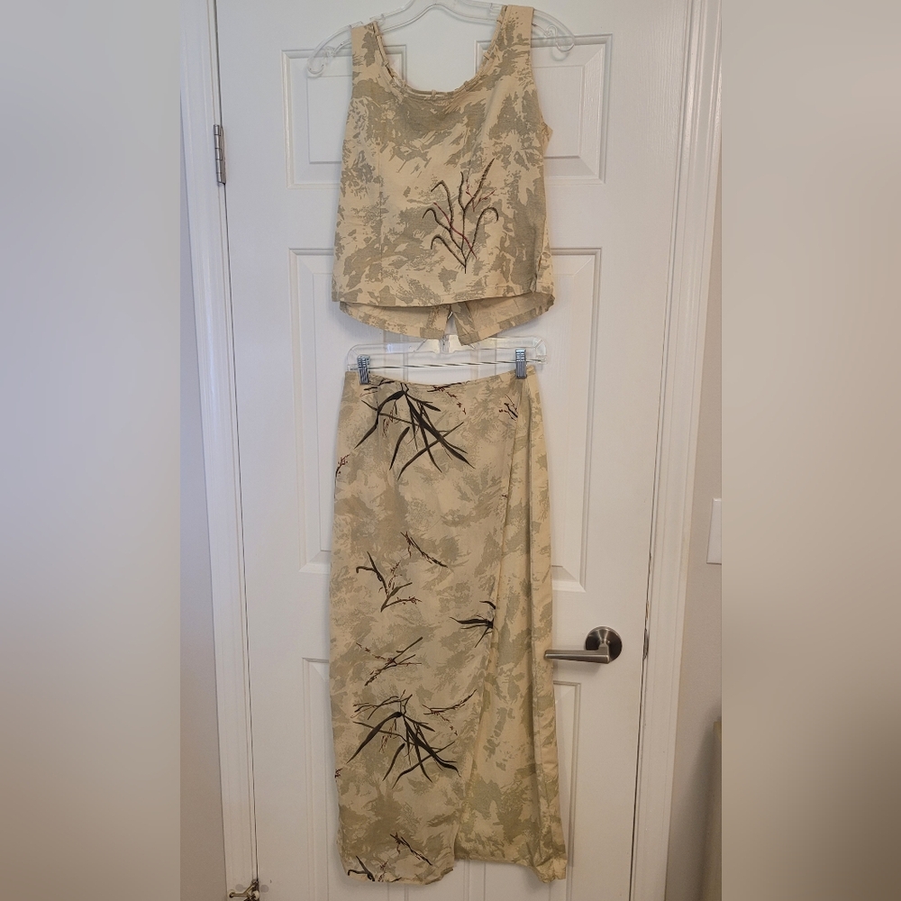 Elegant Beige Patterned Maxi Skirt and Top Set
